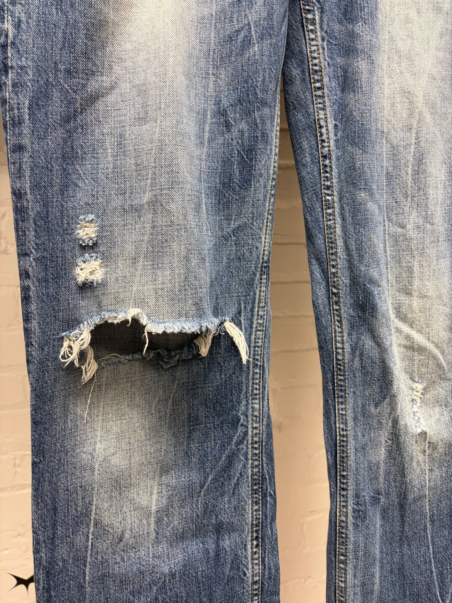 2000s Dolce and Gabbana Distressed Washed Blue Bootcut Denim