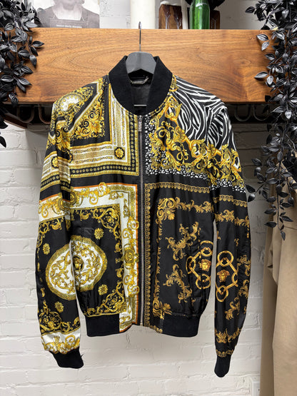 Versace ‘Baroque’ Full Print Gold/Black Silk Bomber Jacket