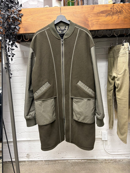 Helmut Lang Wool/Nylon Military Green Panelled Long Bomber Coat