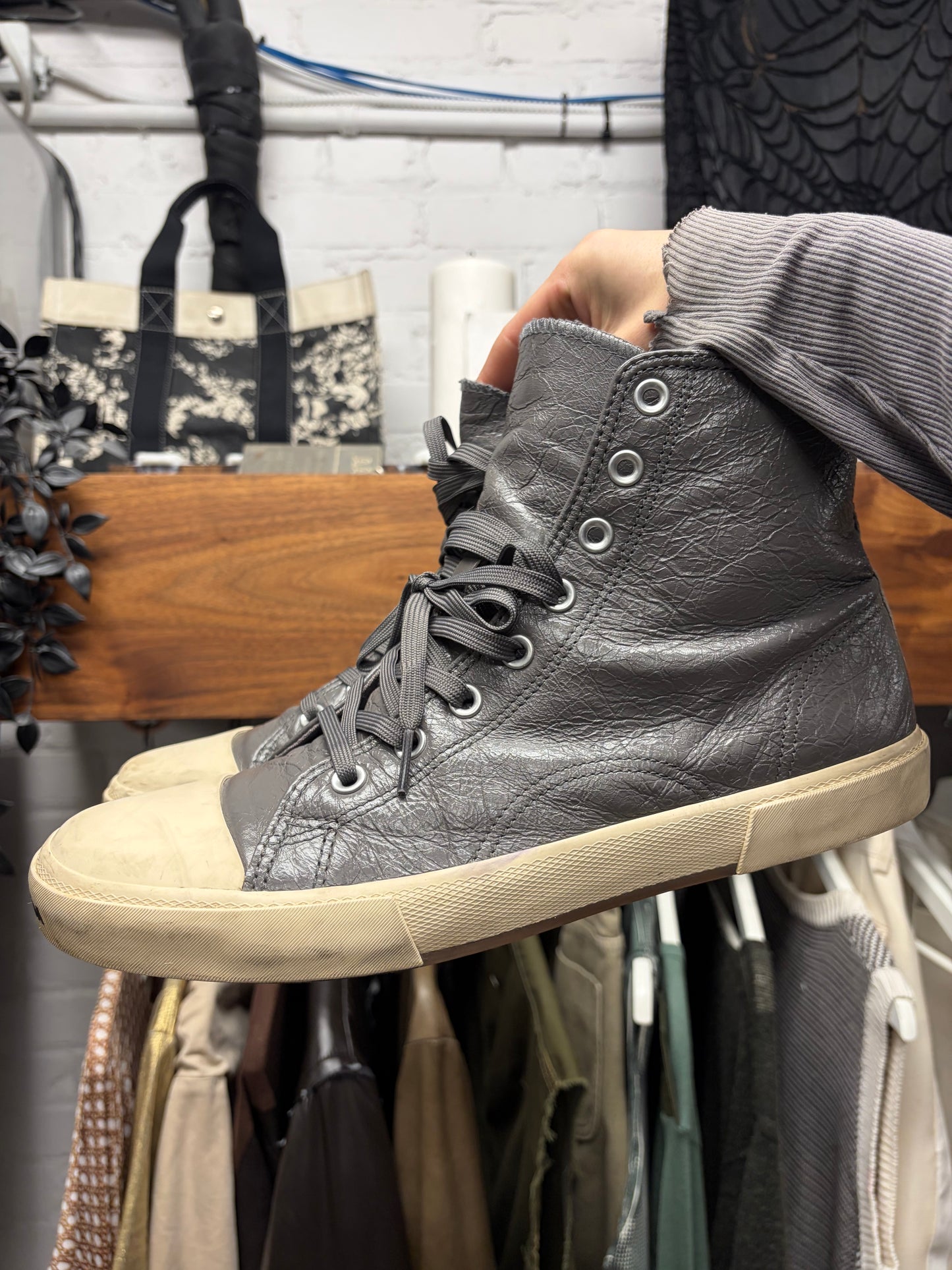Balenciaga ‘Paris’ Grey Leather High Top Sneakers