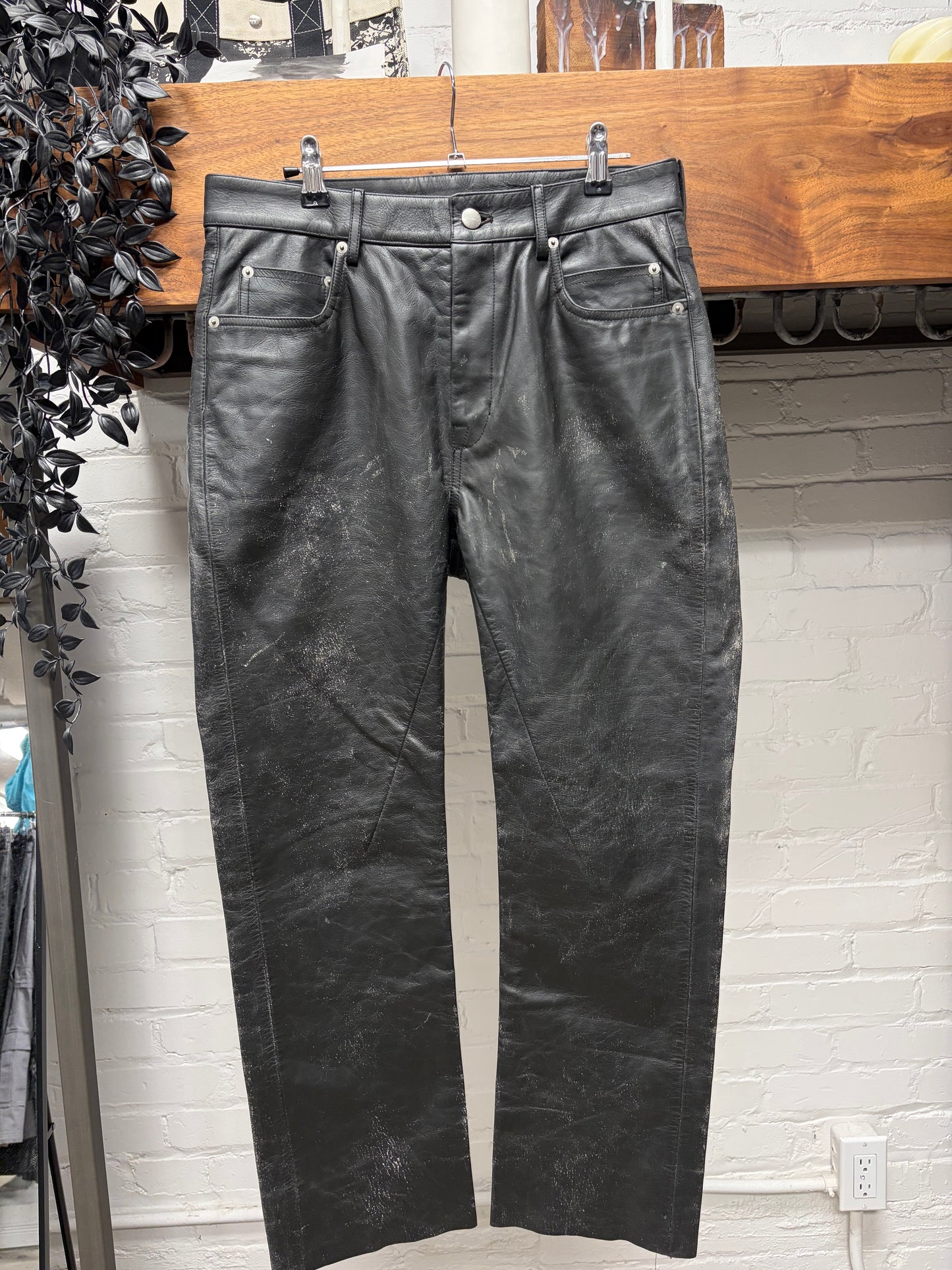 SS2025 Rick Owens ‘Hollywood’ Crackled Calfskin Leather Pants