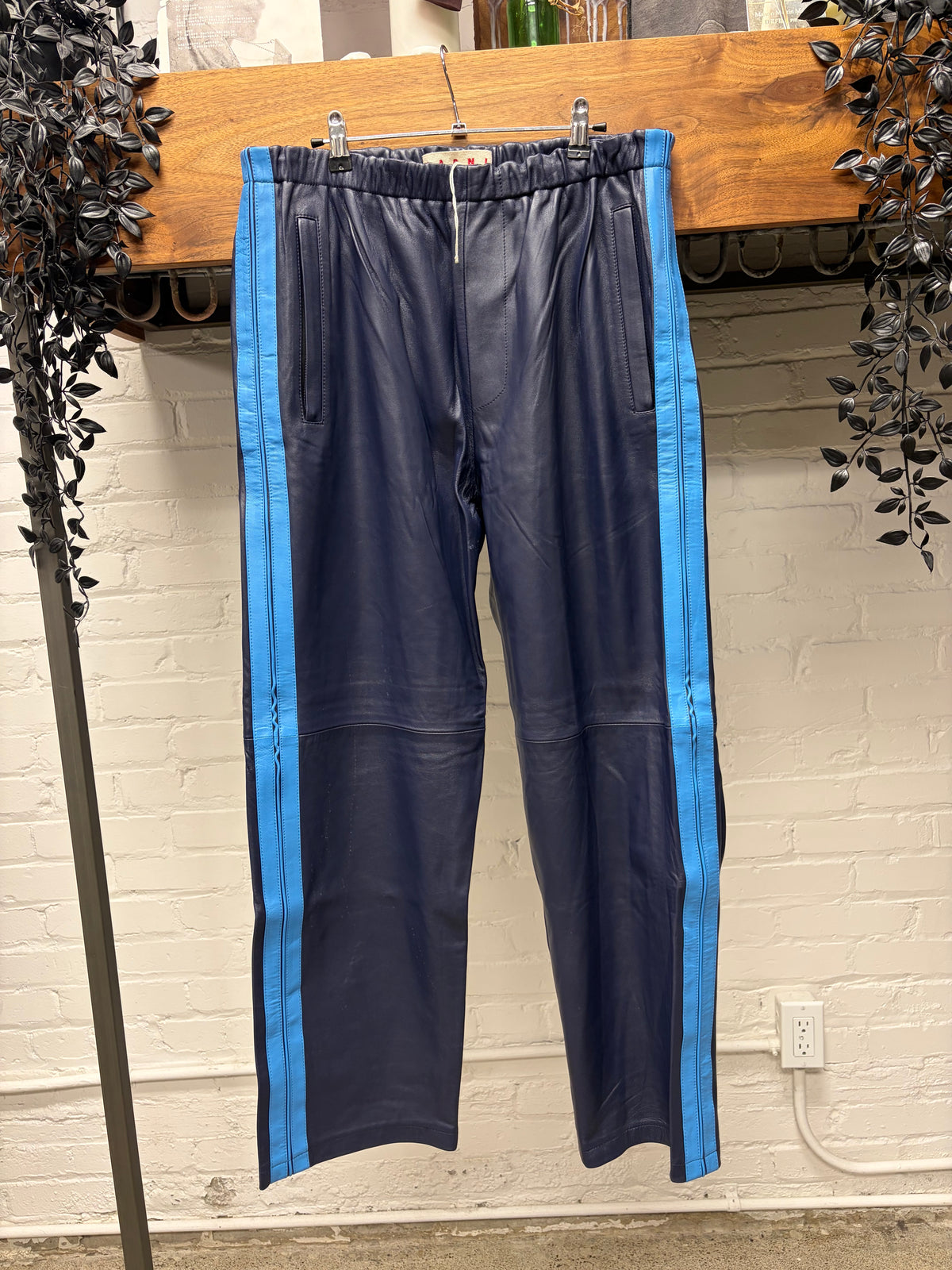 Marni Striped Nappa Leather Blue Straight Cut Pants
