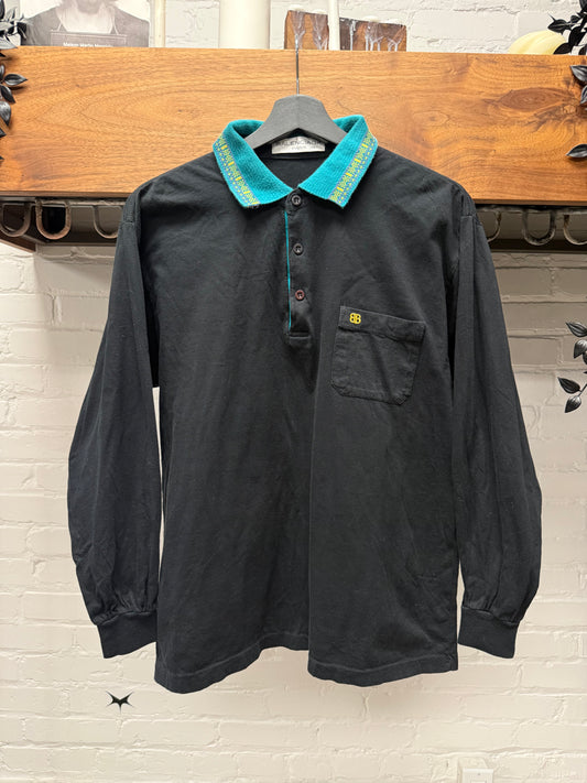 Balenciaga Embroidered Logo Black/Blue Long Sleeve Cotton Polo