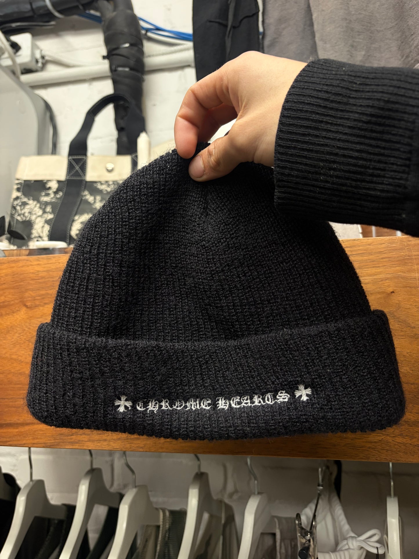 Chrome Hearts ‘Plus Cross’ Embroidered Logo Ribbed Black Beanie