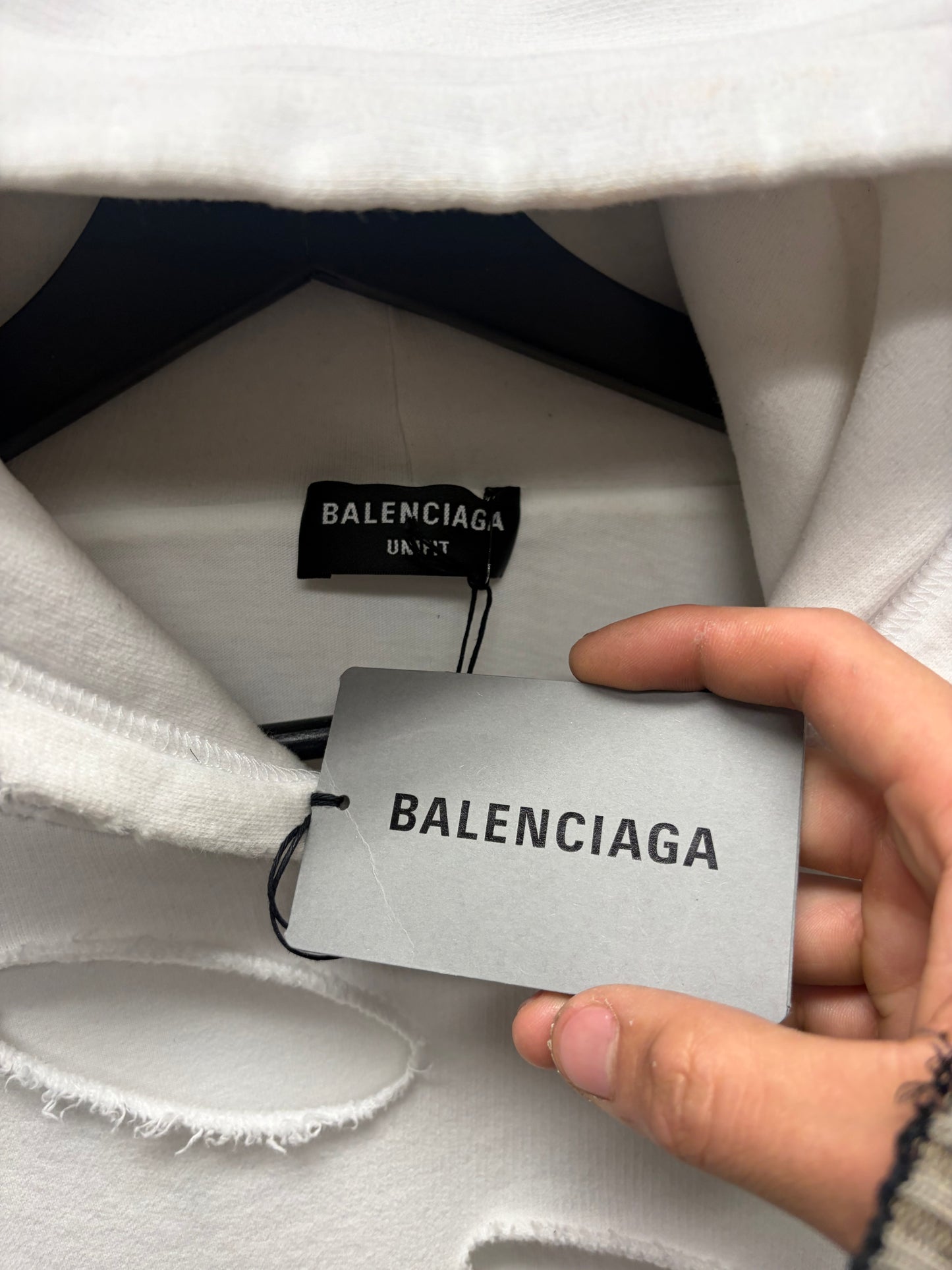 2021 Balenciaga ‘Caps’ Destroyed White/Black Logo Heavy Cotton Hoodie