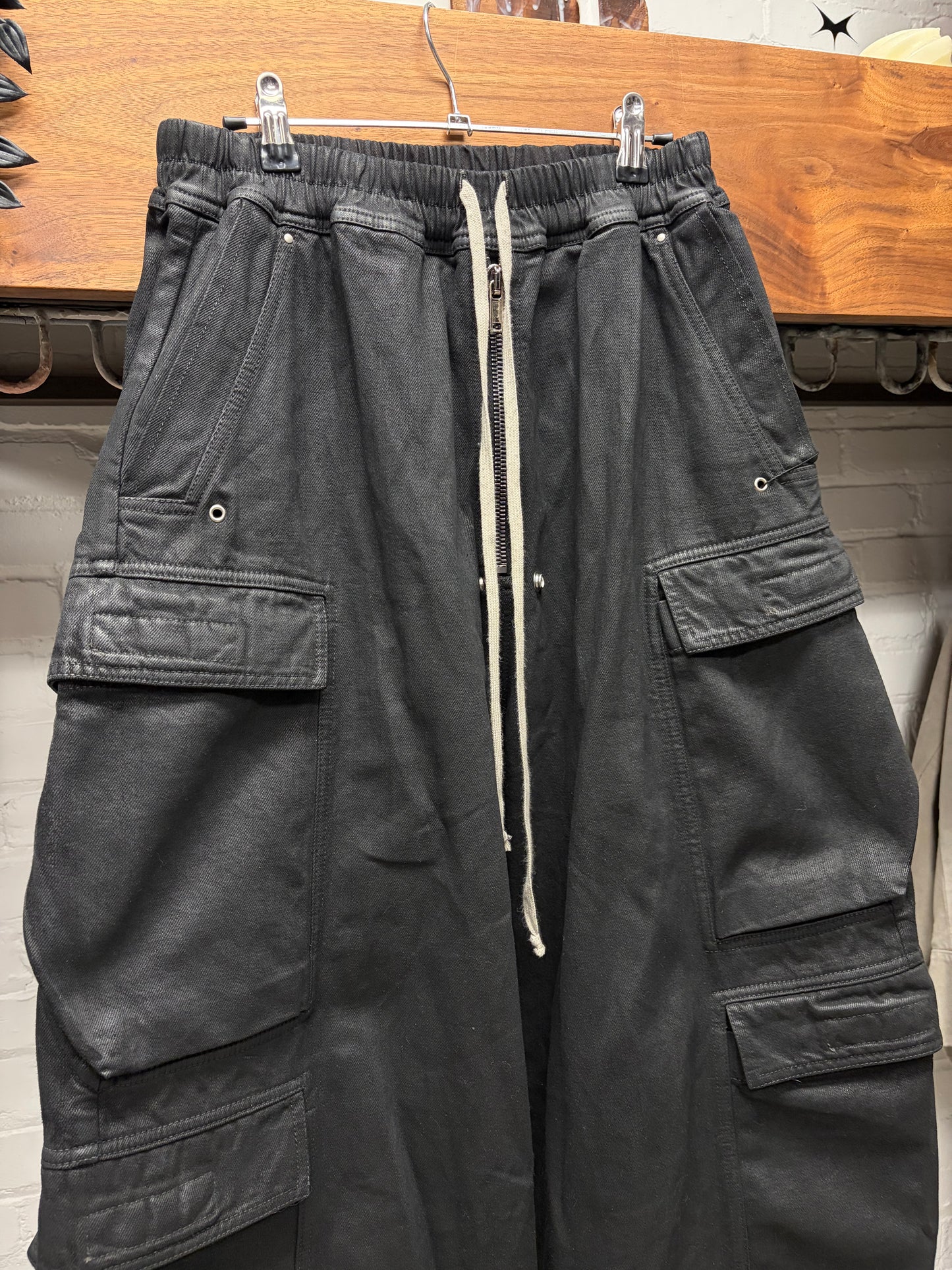 Rick Owens Waxed Black ‘CargoBela’ Wide Leg Pants