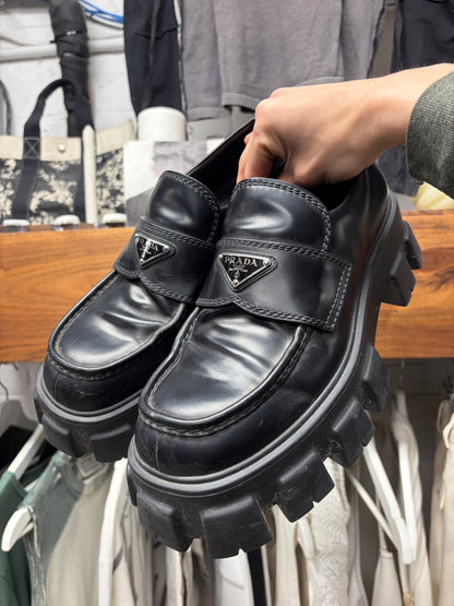 Prada ‘Monolith’ Black Tractor Sole Patent Leather Derbys