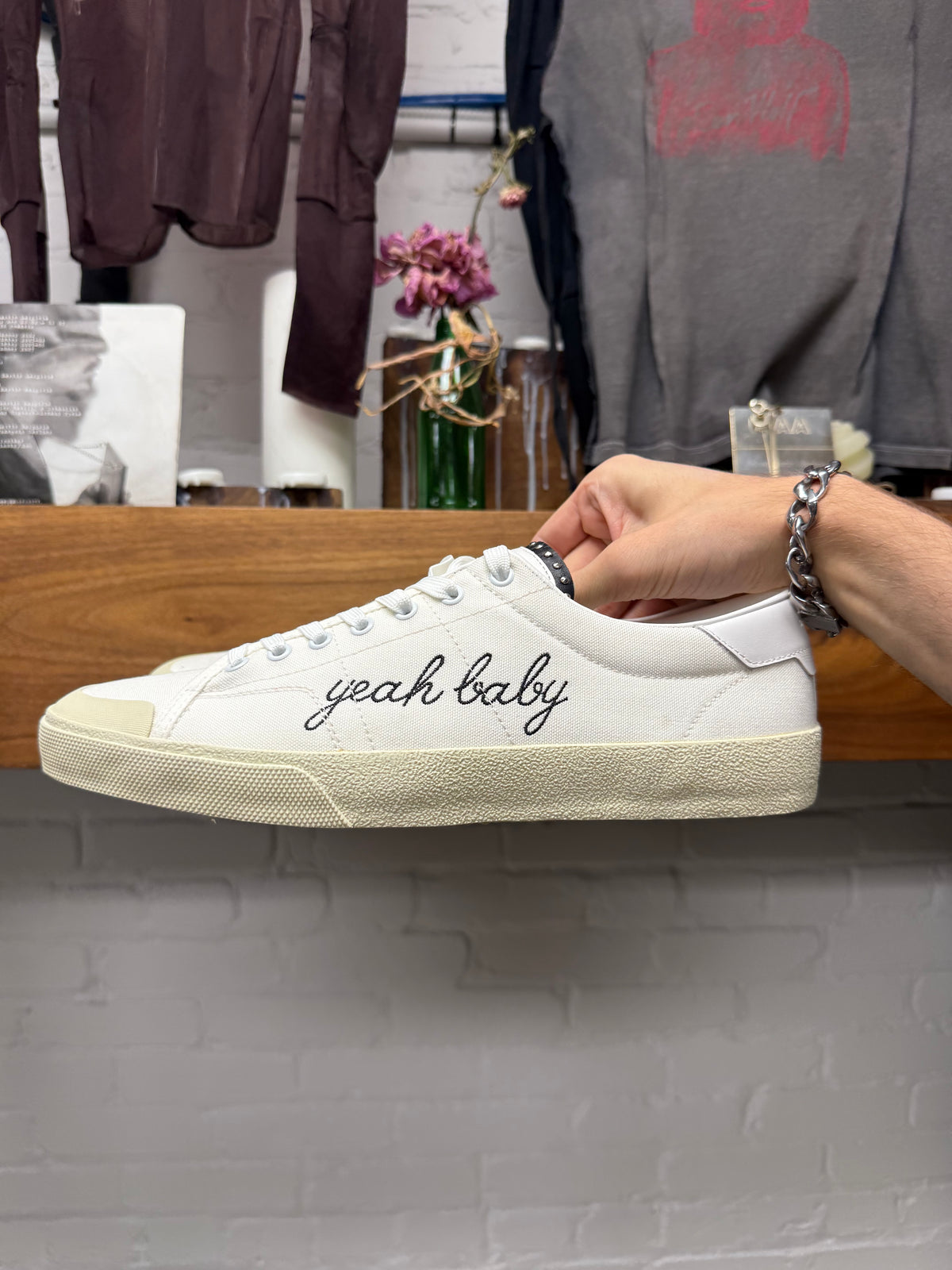2017 Saint Laurent ‘Yeah Baby’ Cursive Embroidered Studded Leather/ White Canvas Low Top Sneakers