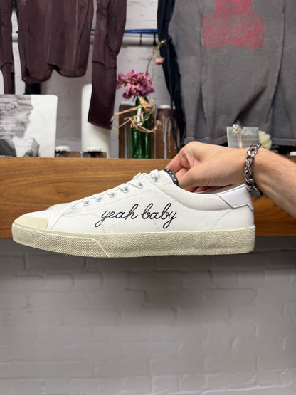 2017 Saint Laurent ‘Yeah Baby’ Cursive Embroidered Studded Leather/ White Canvas Low Top Sneakers