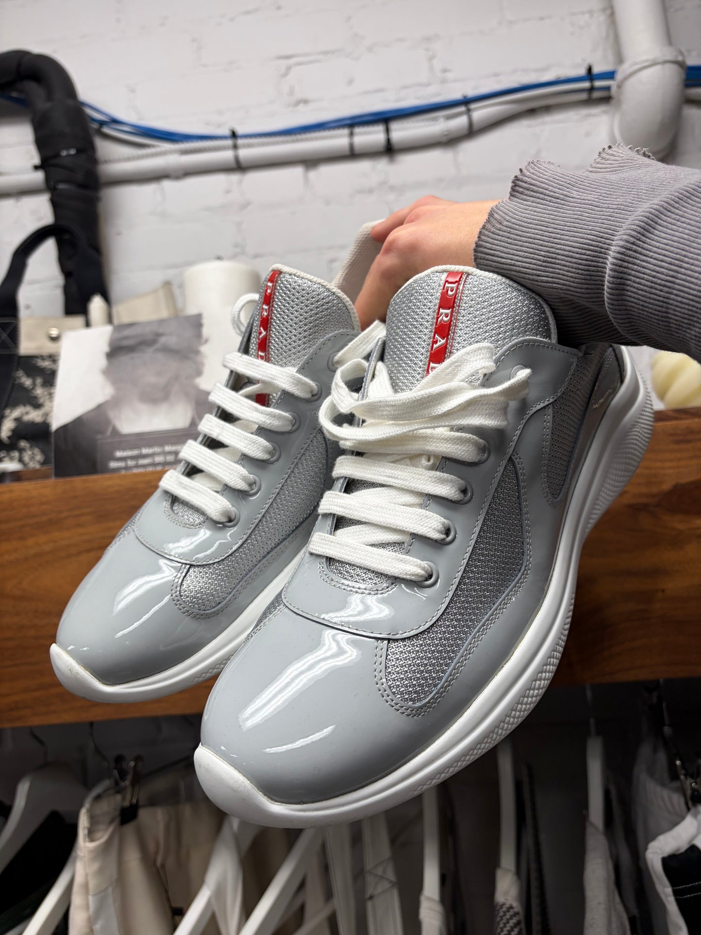 Prada ‘America’s Cup’ Grey/White Patent Leather Low Top Sneakers
