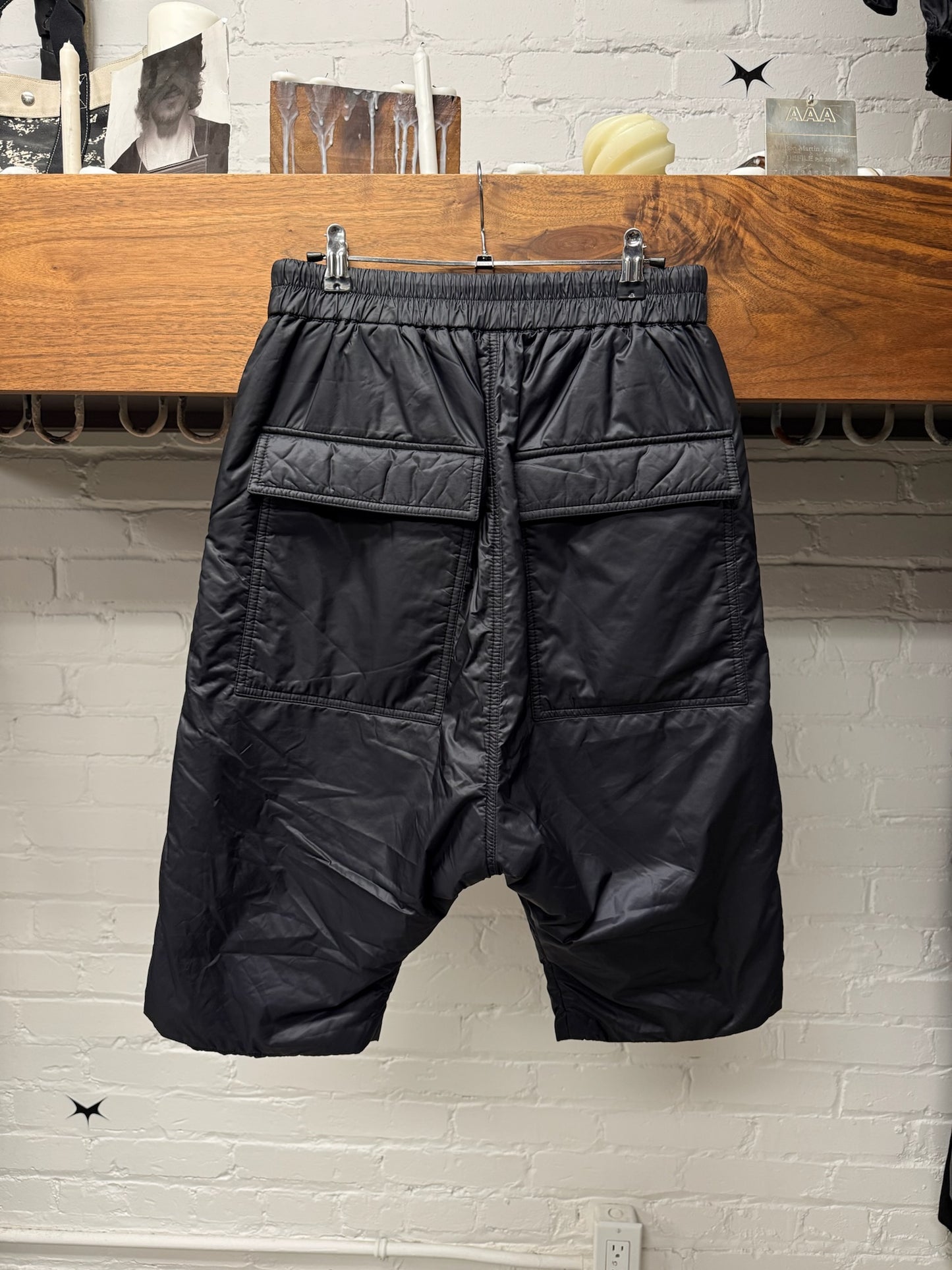 AW2020 Rick Owens x Moncler Black Down Fill ‘Pod’ Drop Crotch Shorts