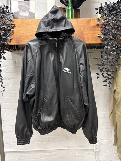 2022 Balenciaga ‘3B Sports Icon Logo’ Black/White Leather Zip-Up Bomber Jacket