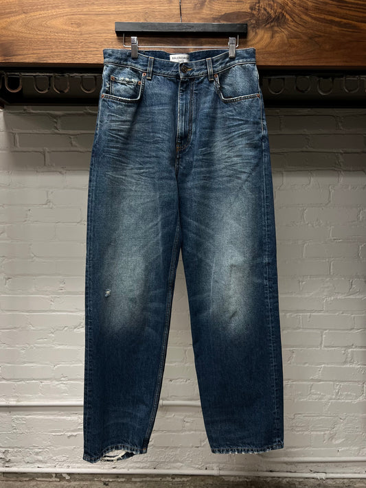 Balenciaga Wide Leg Blue ‘Heel Bite’ Distressed Denim
