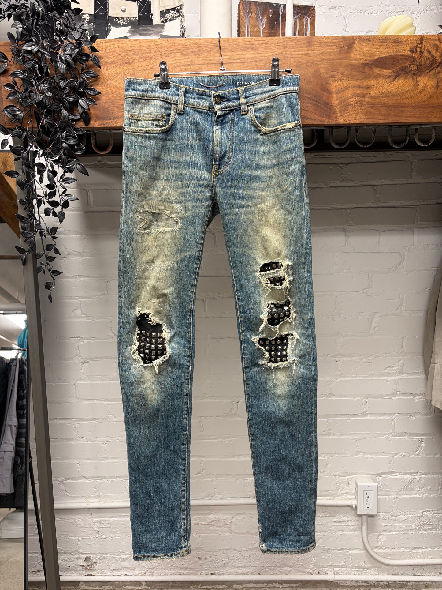 Saint Laurent by Hedi Slimane Studded Leather ‘D02’ Biker Knee Dirt Wash Denim