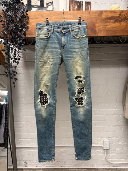Saint Laurent by Hedi Slimane Studded Leather ‘D02’ Biker Knee Dirt Wash Denim