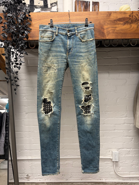 Saint Laurent by Hedi Slimane Studded Leather ‘D02’ Biker Knee Dirt Wash Denim