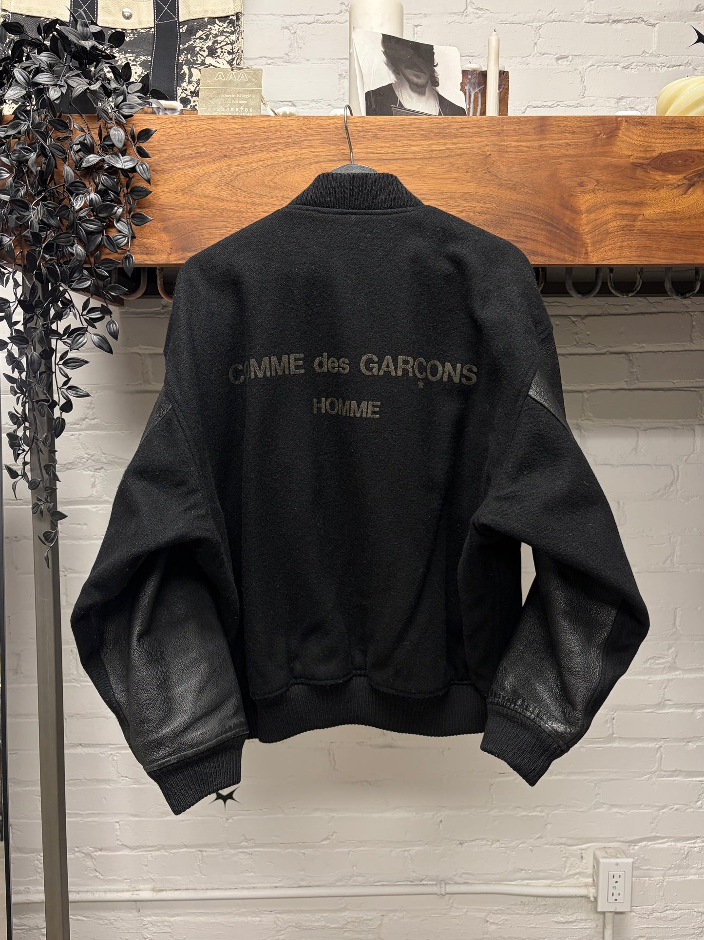 Vintage 1980s Comme Des Garçons Homme Black Wool/Leather Varsity Jacket