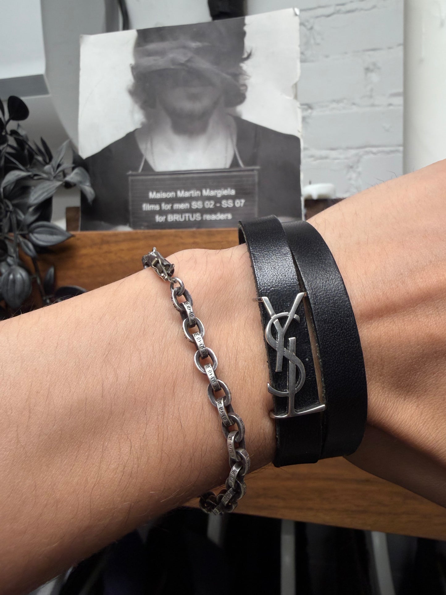 Saint Laurent ‘YSL’ Silver Logo Black Leather Double Wrap Bracelet