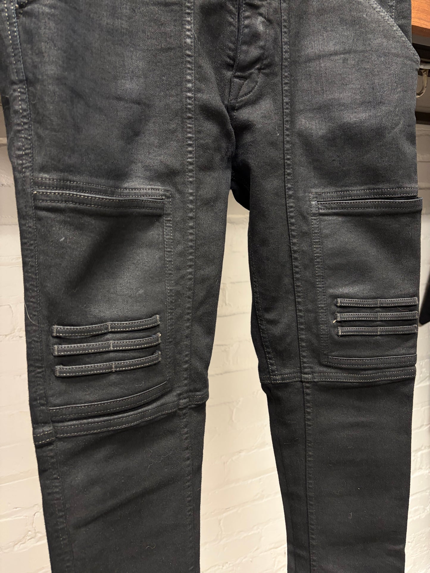 Rick Owens ‘Nagakin’ Waxed Black Biker Detail Skinny Jeans