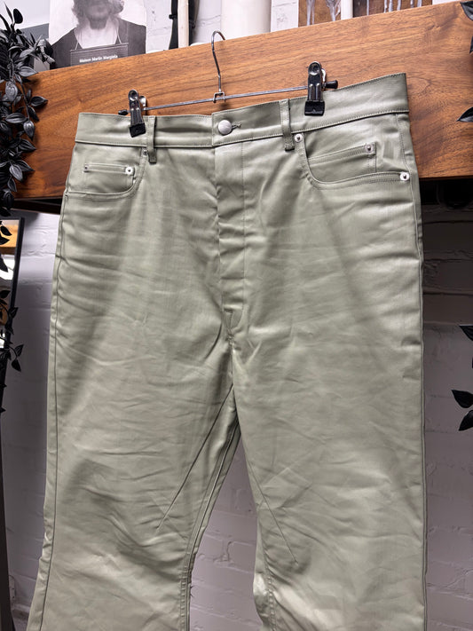 SS2025 Rick Owens ‘Hollywood’ Celadon Waxed Green ‘Bolans’ Flared Leg Pants