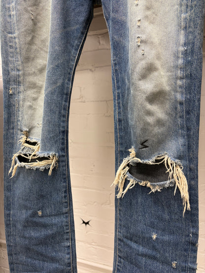 SS2005 Undercover ‘But Beautiful’ Blue Patchwork Distressed Skinny Jeans