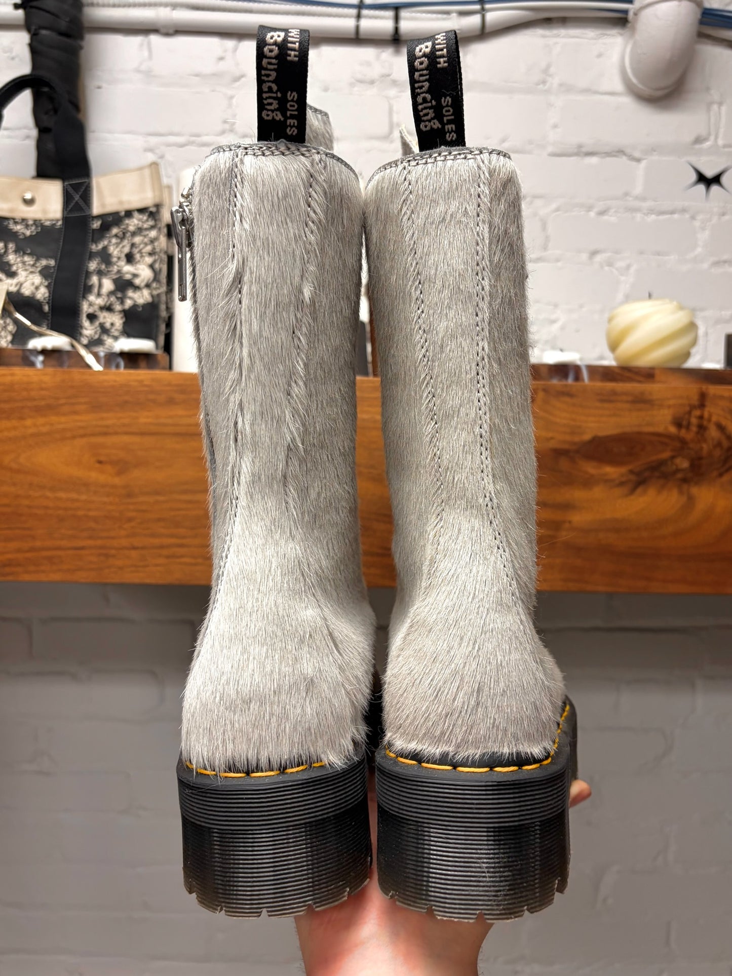 Rick Owens x Doc Martens ‘1918’ Platinum Pony Hair High Cut Leather Platform Boots