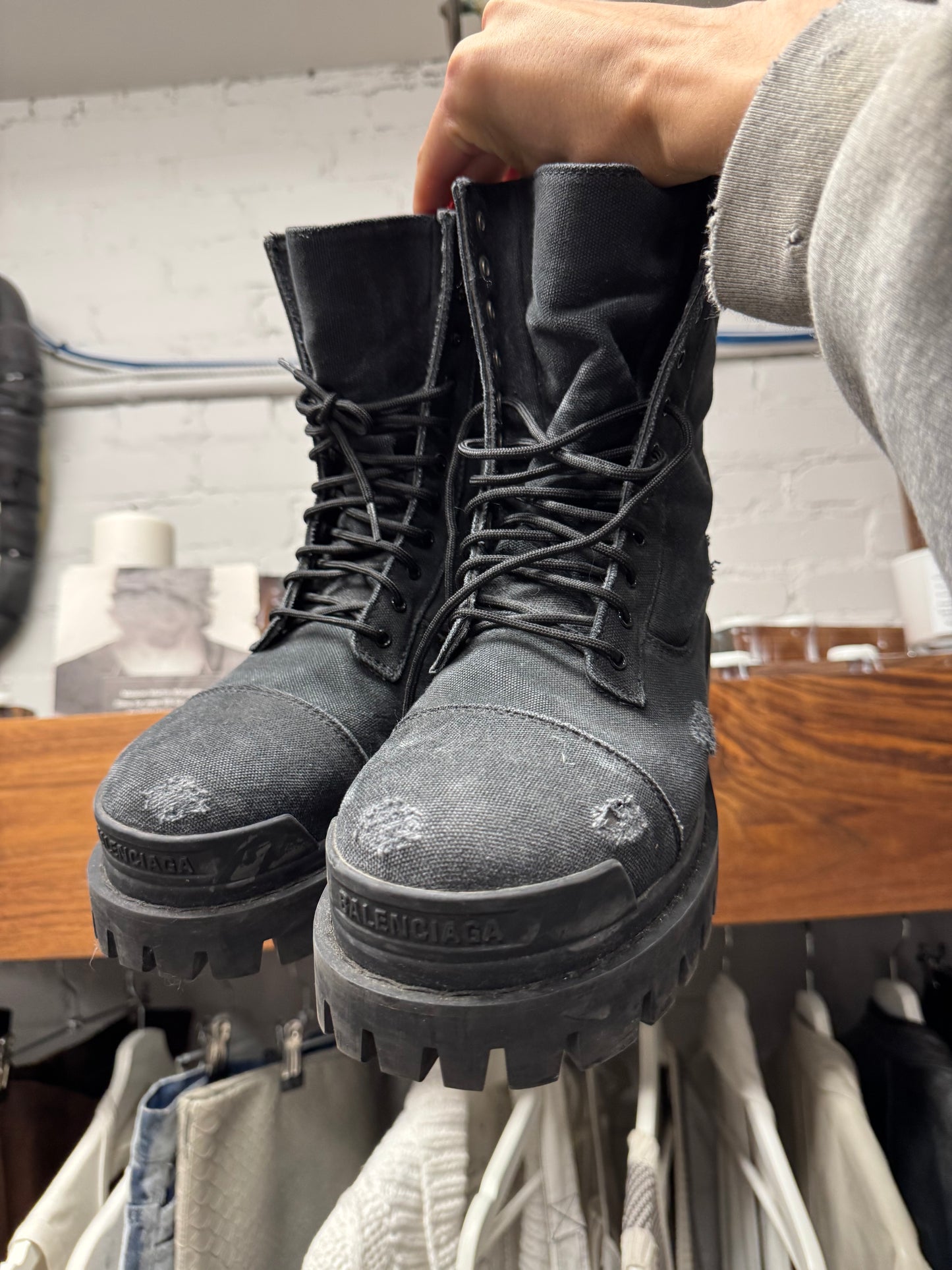 Balenciaga ‘Strike’ Distressed Canvas Black Combat Boots