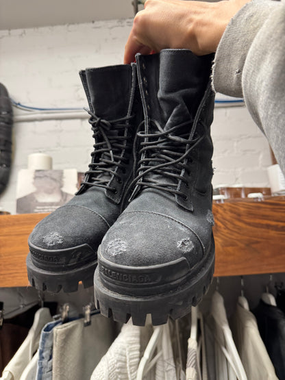 Balenciaga ‘Strike’ Distressed Canvas Black Combat Boots