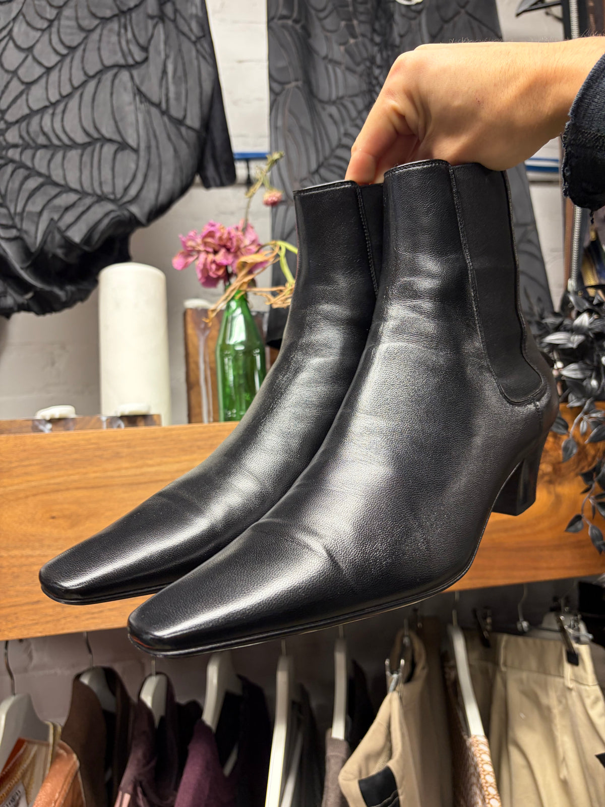 Saint Laurent ‘Rainer’ Glossy Black Leather Pointed Toe Chelsea Boots