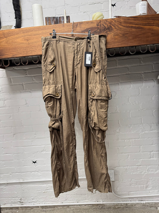 Julius ‘Gas Mask’ Brown Linen Wide Leg Cargo Pants
