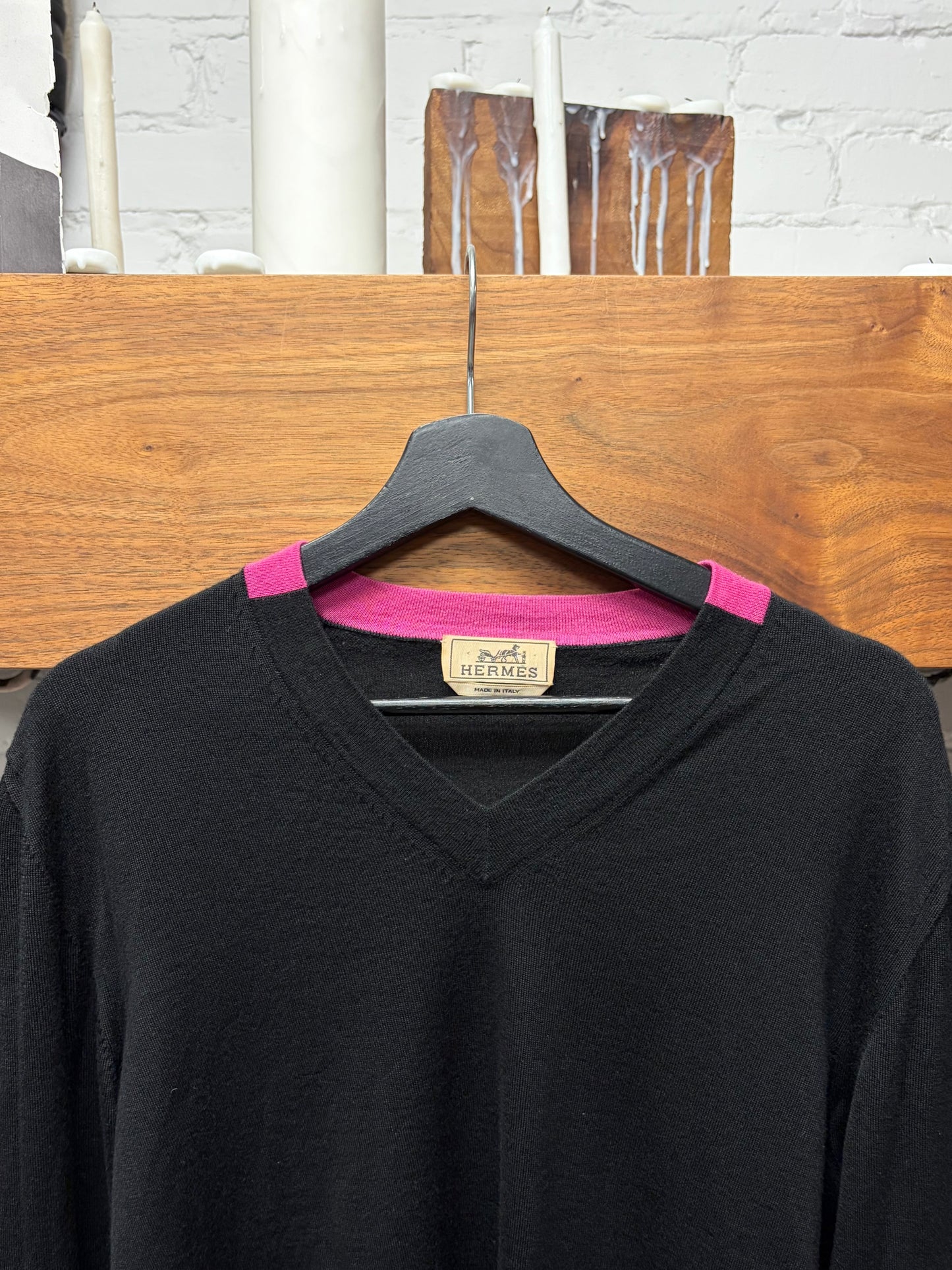Hermes Black/Pink Cashmere V-Neck Knit Sweater