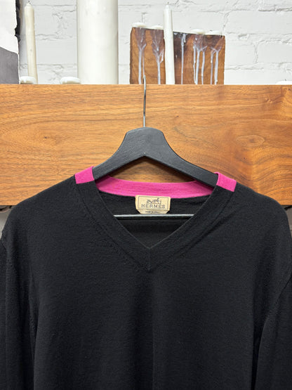 Hermes Black/Pink Cashmere V-Neck Knit Sweater