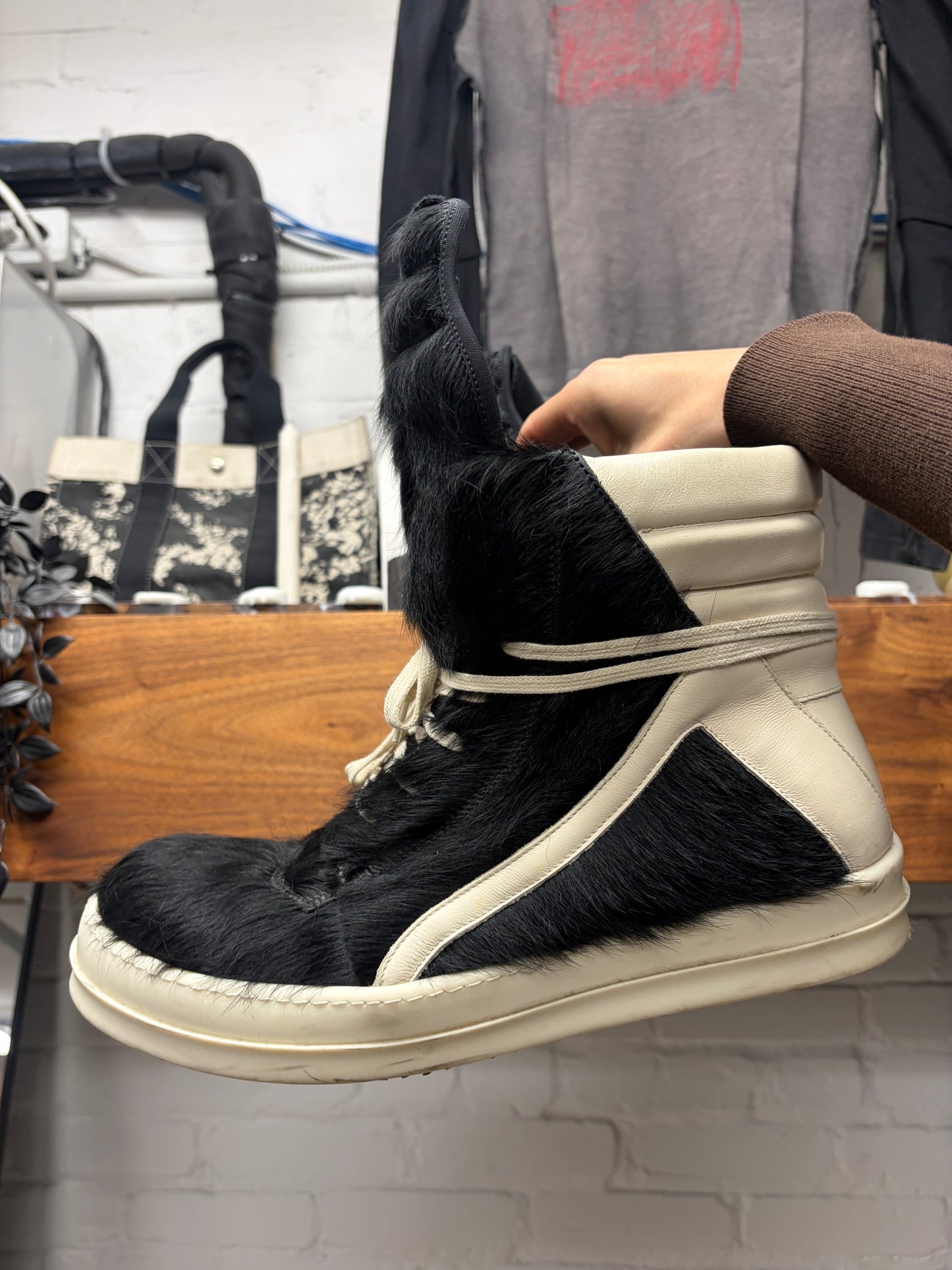 Rick Owens Pony-Hair Black/Milk ‘Geobasket’ High Top Sneakers