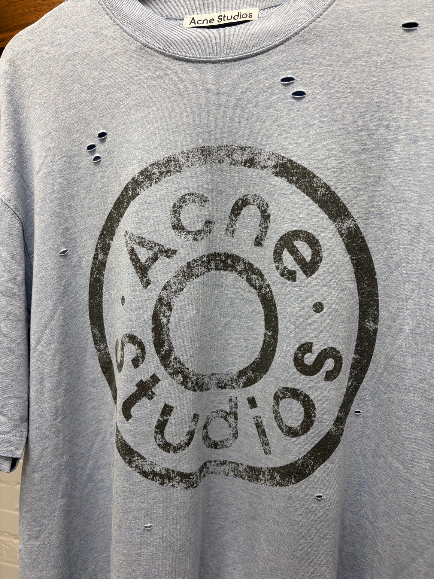 Acne Studios ‘Button Logo’ Distressed Blue Cotton Short Sleeve T-Shirt