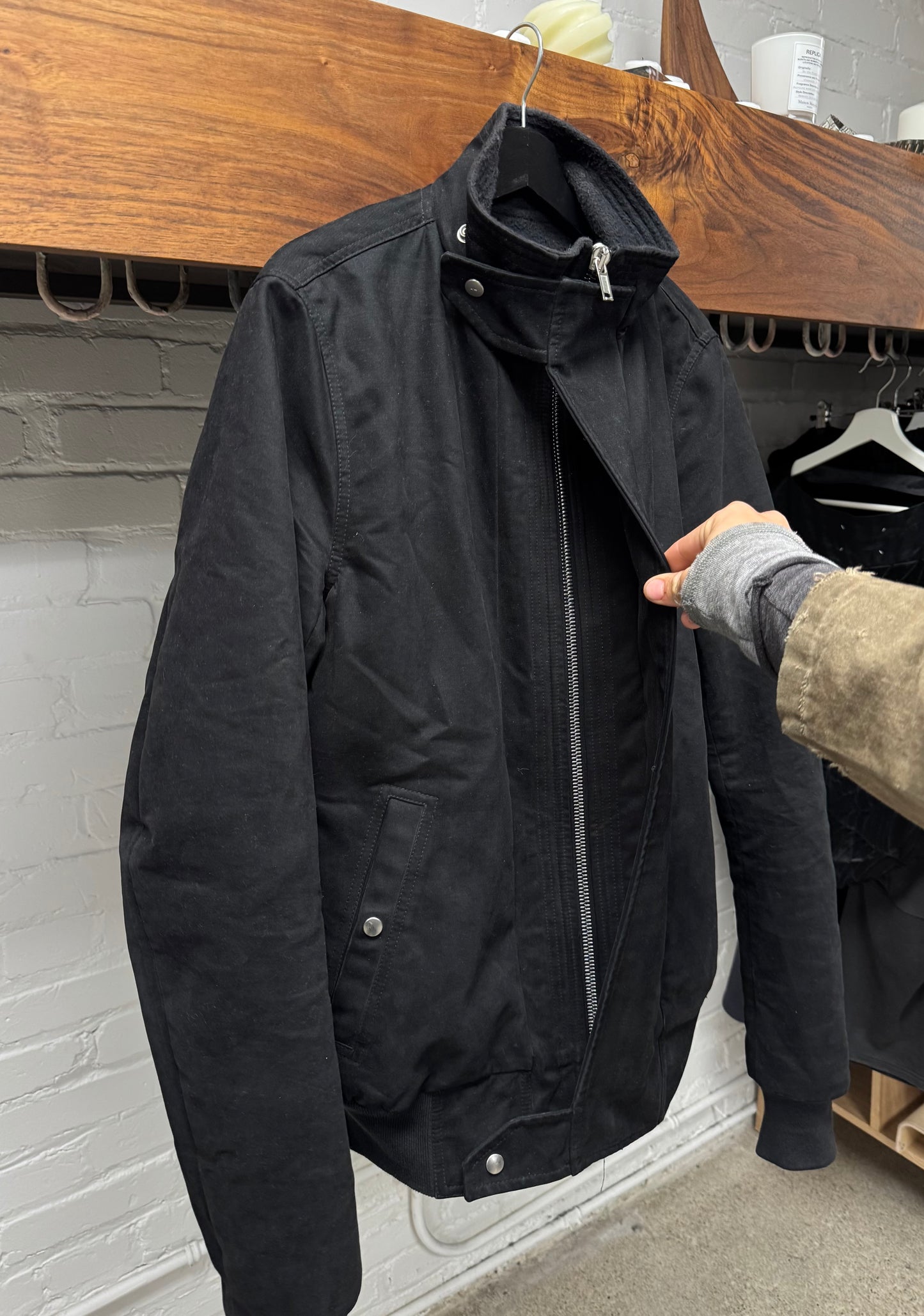 Rick Owens O&M Era ‘Globe’ Black Moleskin High Neck Bomber Jacket
