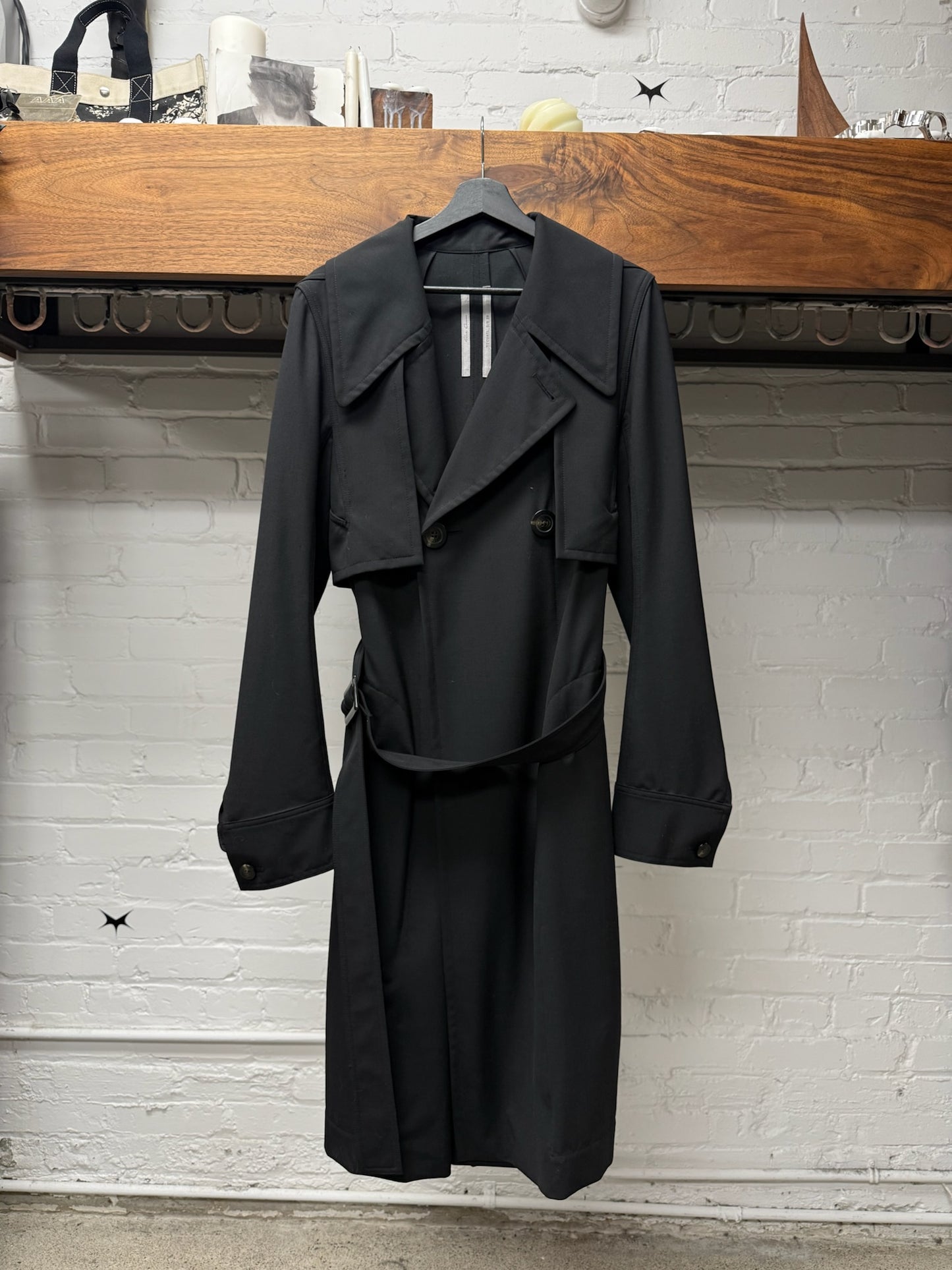 SS2020 Rick Owens ‘Tecuatl’ Double Breasted Black Wool Belted Trench Coat