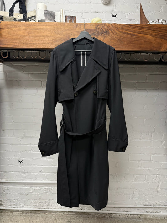 SS2020 Rick Owens ‘Tecuatl’ Double Breasted Black Wool Belted Trench Coat
