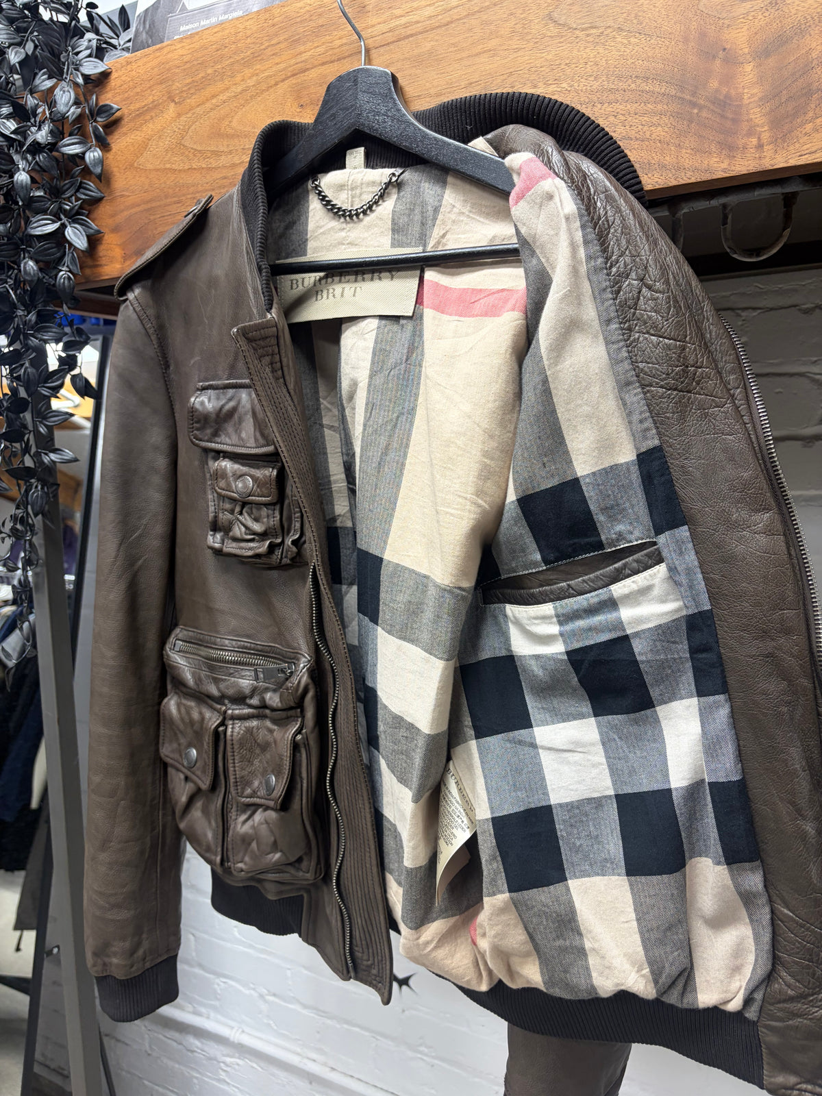 Burberry ‘Brit’ Brown Lambskin Leather Cargo Bomber Jacket with Nova Check Monogram Interior Liner