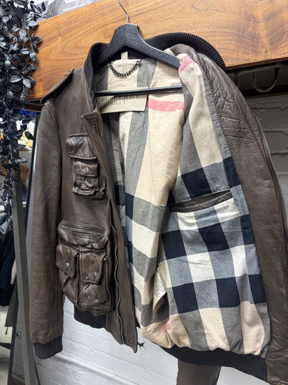 Burberry ‘Brit’ Brown Lambskin Leather Cargo Bomber Jacket with Nova Check Monogram Interior Liner