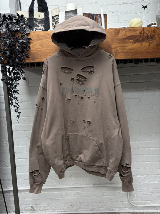 2021 Balenciaga ‘Caps’ Destroyed Brown Logo Heavy Cotton Hoodie