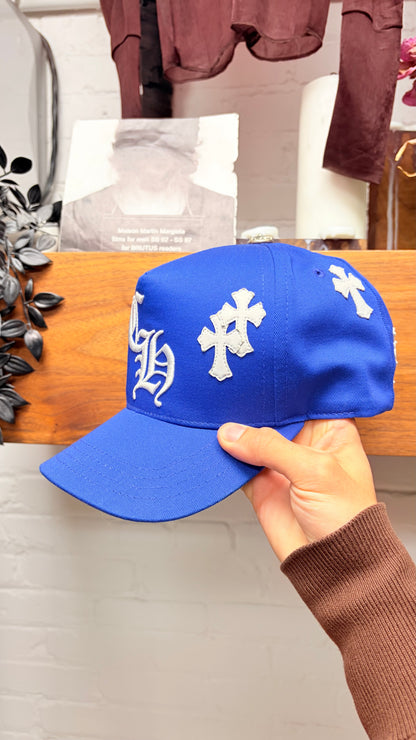 Chrome Hearts Blue/White Leather Cross Patch ‘CH Logo’ Trucker Hat