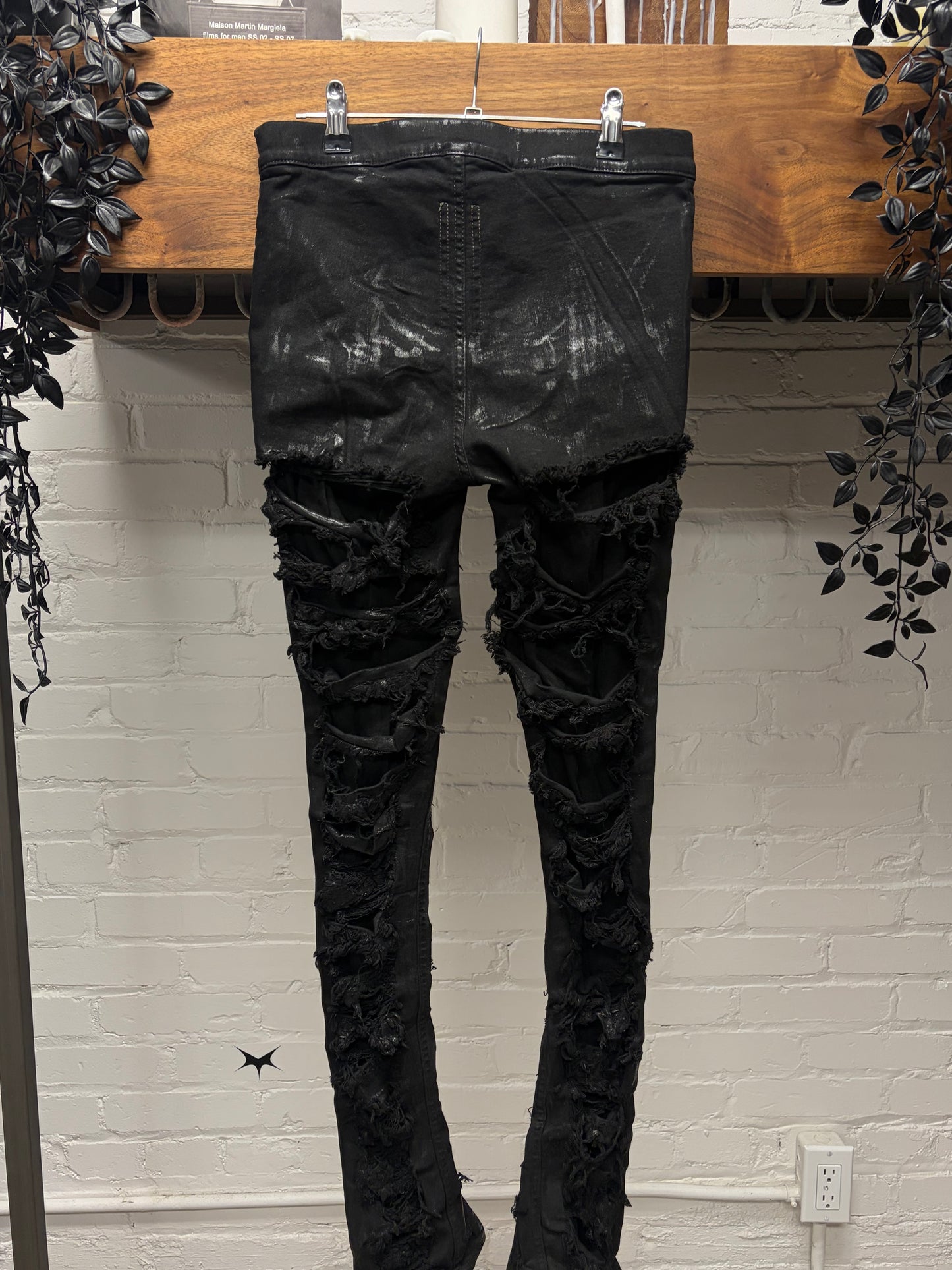 Rick Owens Slashed ‘Slit Front Legging’ Waxed Black Pants