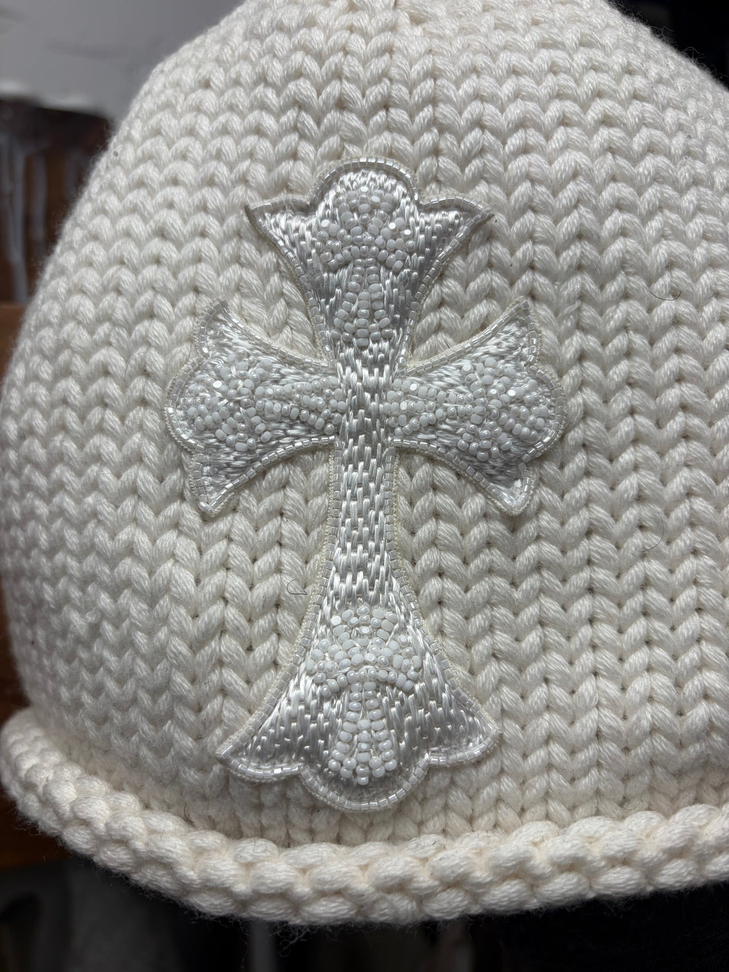 Chrome Hearts Cashmere/Rhodium White Beaded Cross Patch Beanie