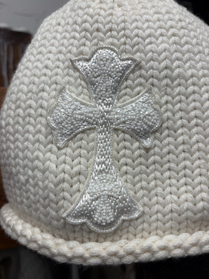 Chrome Hearts Cashmere/Rhodium White Beaded Cross Patch Beanie