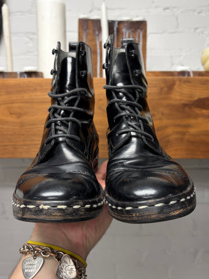 Costume National Black Patent Leather Contrast Stitch Combat Boots