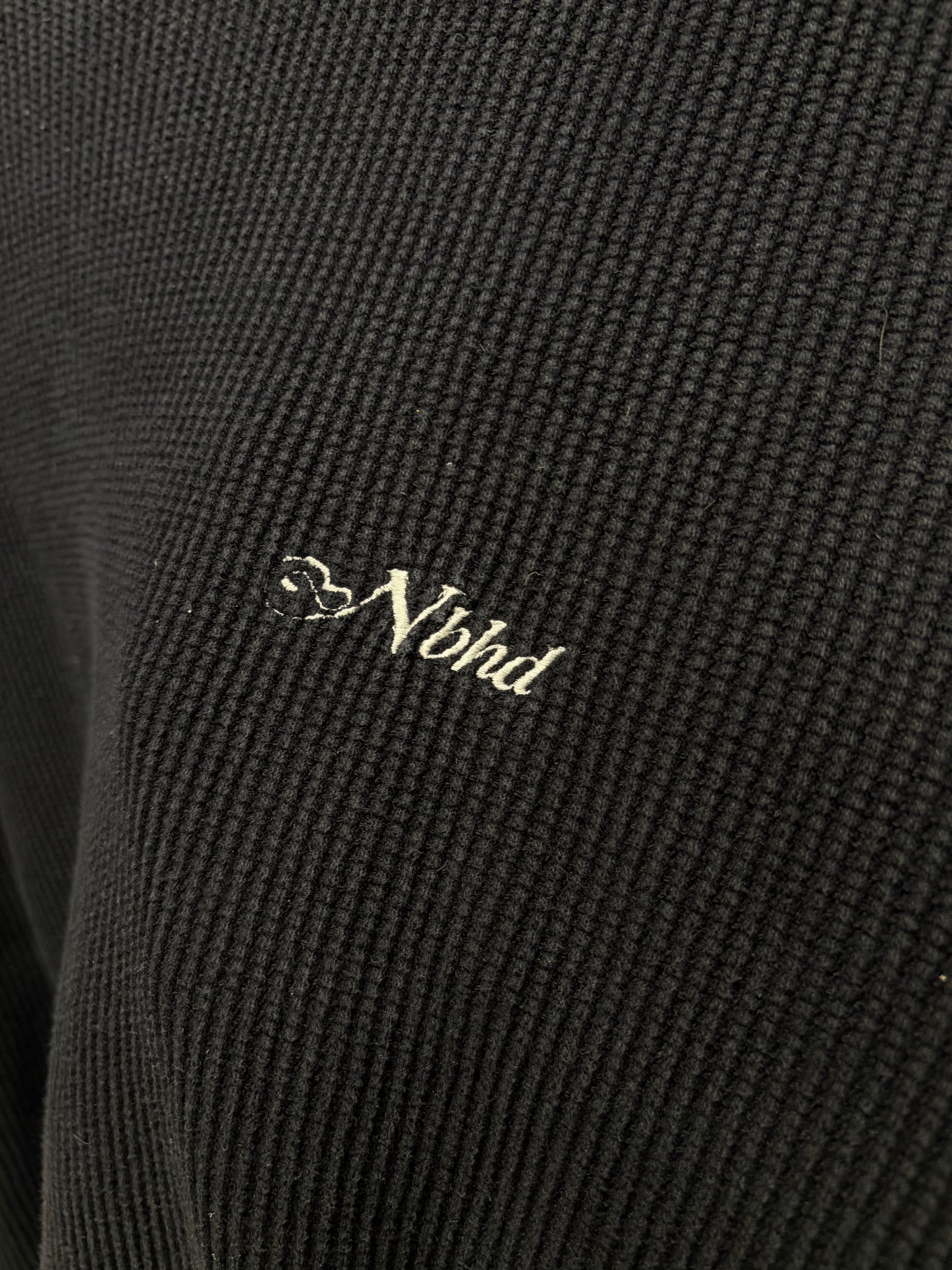 Neighborhood Embroidered Black/White Thermal Cotton Long Sleeve Shirt