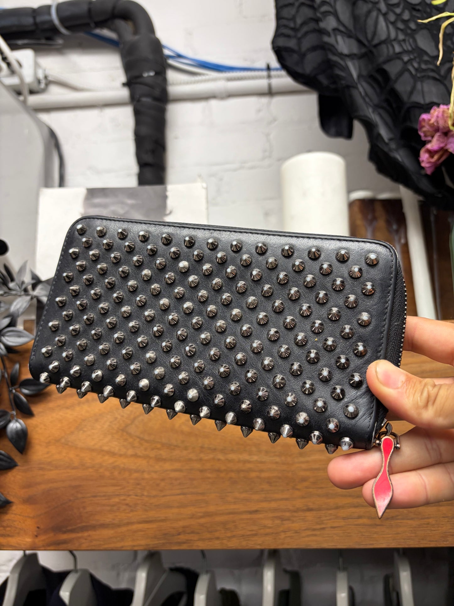 Christian Louboutin ‘Panettone’ Black Studded Zip-Up Leather Long Wallet