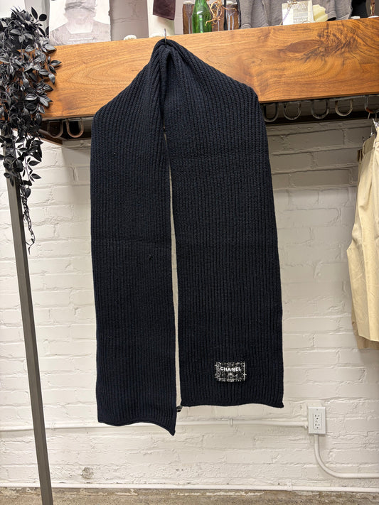 Chanel Ribbed Black Thick Cashmere Scarf with Tweed Patch Logo