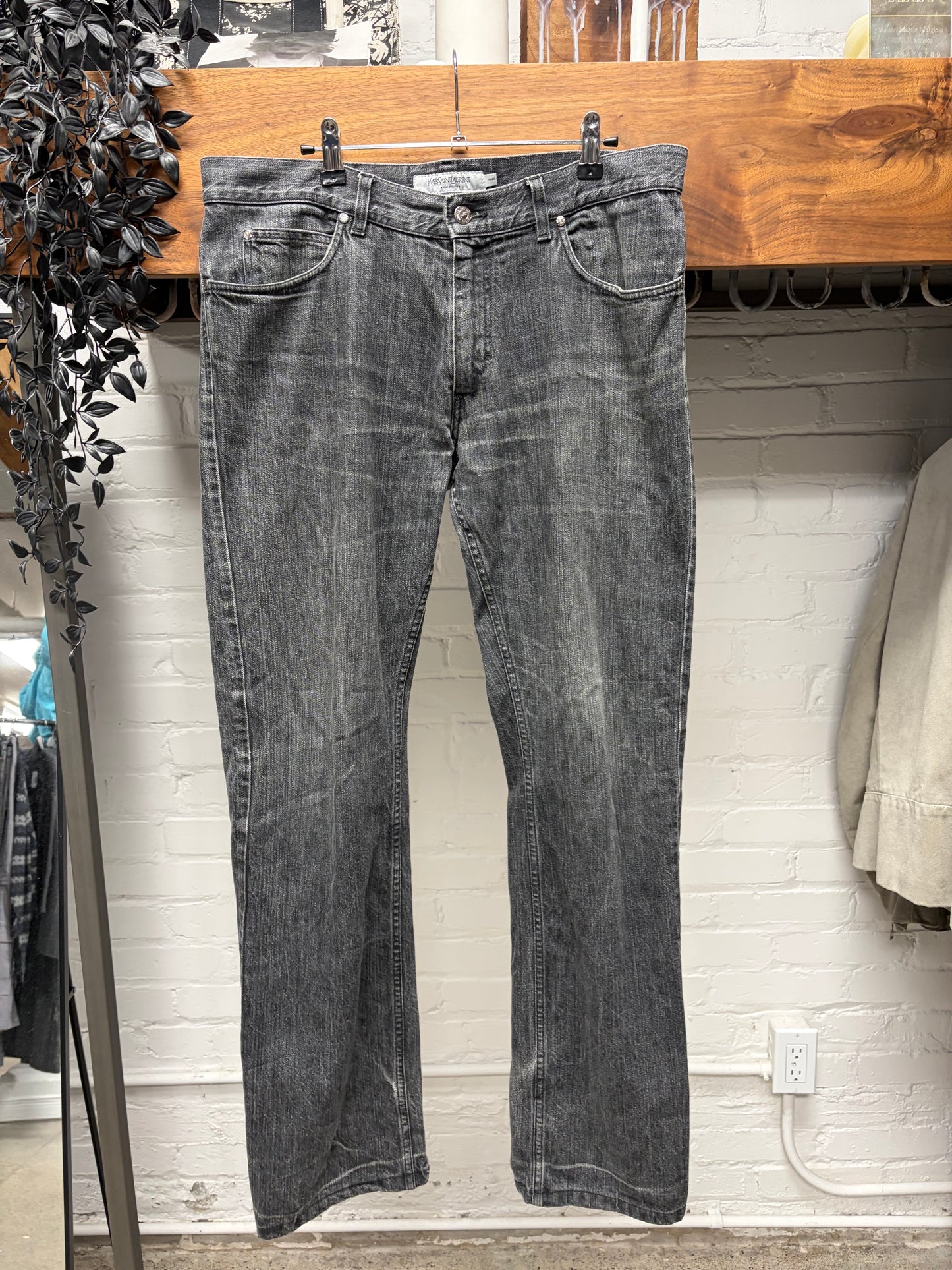 Yves Saint Laurent Rive Gauche Washed Grey ‘YSL’ Logo Skinny Jeans