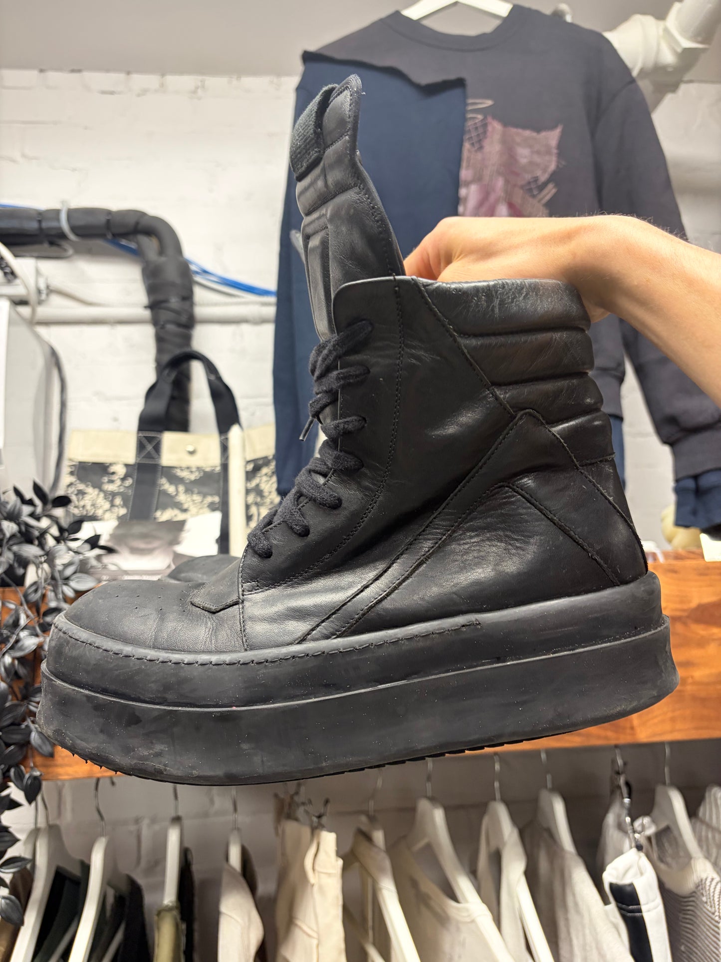 Rick Owens ‘Double Bumper’ Black Geobasket Leather High Top Sneakers
